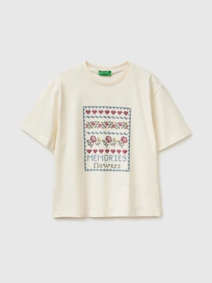Benetton, T-shirt With Embroidery, Size: XS, Creamy White, Women United Colors of Benetton