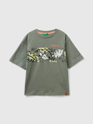 Benetton, T-shirt With Exotic Print, size 2XL, Military Green, Kids United Colors of Benetton