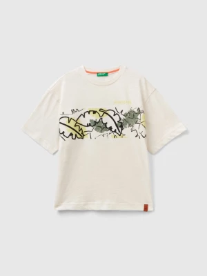 Benetton, T-shirt With Exotic Print, size L, Creamy White, Kids United Colors of Benetton