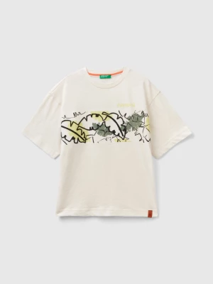 Benetton, T-shirt With Exotic Print, size S, Creamy White, Kids United Colors of Benetton