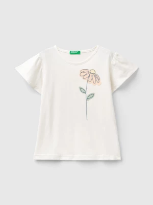 Benetton, T-shirt With Floral Embroidery, size 110, Creamy White, Kids United Colors of Benetton