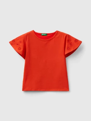 Benetton, T-shirt With Floral Embroidery, size L, Red, Kids United Colors of Benetton