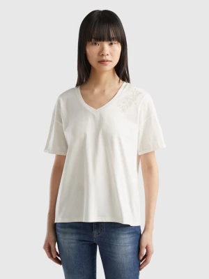 Benetton, T-shirt With Floral Embroidery, size M, Creamy White, Women United Colors of Benetton