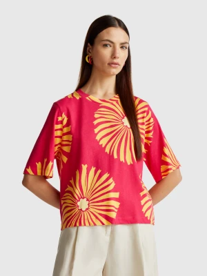 Benetton, T-shirt With Floral Pattern, Size: XXS, Fuchsia, Women United Colors of Benetton
