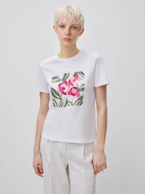 Benetton, T-shirt With Flower Print, Size: XS, White, Women United Colors of Benetton