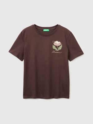 Benetton, T-shirt With Flower Print, Size: XXS, Brown, Women United Colors of Benetton