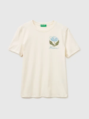 Benetton, T-shirt With Flower Print, Size: XXS, Creamy White, Women United Colors of Benetton