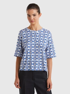 Benetton, T-shirt With Geometric Pattern, size L, Blue, Women United Colors of Benetton