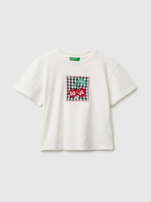 Benetton, T-shirt With Gingham Patch, Size: 116, Creamy White, Kids United Colors of Benetton