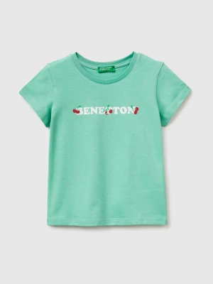 Benetton, T-shirt With Glitter Print, Size: 116, Aqua, Kids United Colors of Benetton