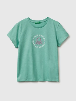 Benetton, T-shirt With Glitter Print, Size: XL, Aqua, Kids United Colors of Benetton