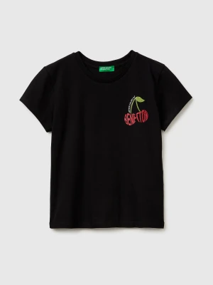 Benetton, T-shirt With Glitter Print, Size: XL, Black, Kids United Colors of Benetton