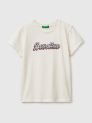 Benetton, T-shirt With Glitter Print, Size: XL, Creamy White, Kids United Colors of Benetton