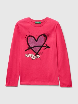 Benetton, T-shirt With Glitter Print, Size: 3XL, Fuchsia, Kids United Colors of Benetton