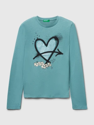Benetton, T-shirt With Glitter Print, size XL, Sky Blue, Kids United Colors of Benetton