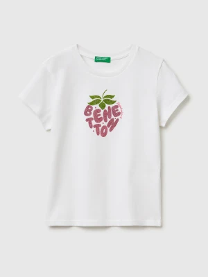 Benetton, T-shirt With Glitter Print, Size: XL, White, Kids United Colors of Benetton