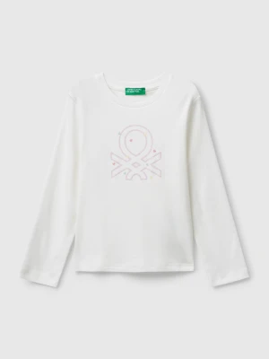 Benetton, T-shirt With Glittery Logo In Cotton, Size: 104, White, Kids United Colors of Benetton