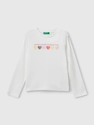 Benetton, T-shirt With Glittery Logo In Cotton, size 90, Creamy White, Kids United Colors of Benetton