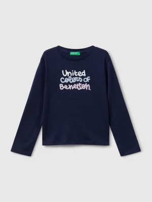 Benetton, T-shirt With Glittery Logo In Cotton, size 116, Dark Blue, Kids United Colors of Benetton