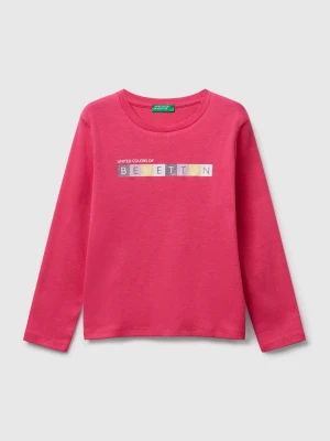 Benetton, T-shirt With Glittery Logo In Cotton, Size: 104, Fuchsia, Kids United Colors of Benetton