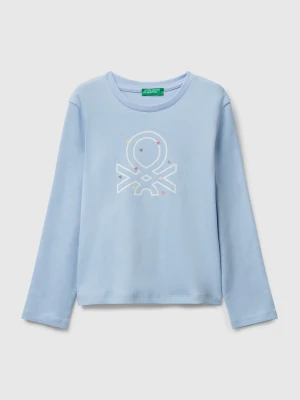 Benetton, T-shirt With Glittery Logo In Cotton, size 116, Light Blue, Kids United Colors of Benetton