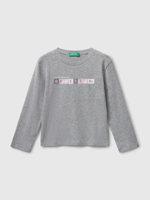 Benetton, T-shirt With Glittery Logo In Cotton, Size: 116, Light Gray, Kids United Colors of Benetton