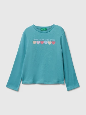 Benetton, T-shirt With Glittery Logo In Cotton, size 116, Sky Blue, Kids United Colors of Benetton
