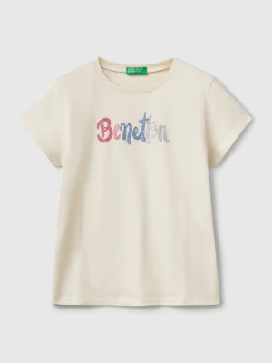 Benetton, T-shirt With Glittery Logo In Cotton, size XL, Beige, Kids United Colors of Benetton