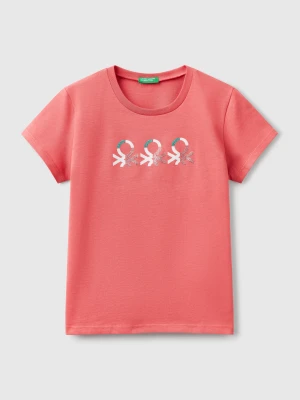 Benetton, T-shirt With Glittery Logo In Cotton, size XL, Cyclamen, Kids United Colors of Benetton
