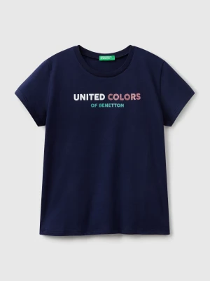 Benetton, T-shirt With Glittery Logo In Cotton, size XL, Dark Blue, Kids United Colors of Benetton