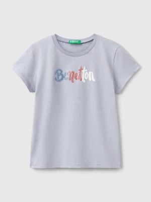 Benetton, T-shirt With Glittery Logo In Cotton, size XL, Periwinkle, Kids United Colors of Benetton