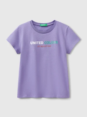 Benetton, T-shirt With Glittery Logo In Cotton, size XL, Periwinkle, Kids United Colors of Benetton
