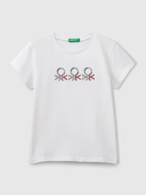 Benetton, T-shirt With Glittery Logo In Cotton, size XL, White, Kids United Colors of Benetton