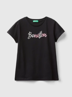 Benetton, T-shirt With Glittery Logo In Organic Cotton, size 2XL, Black, Kids United Colors of Benetton