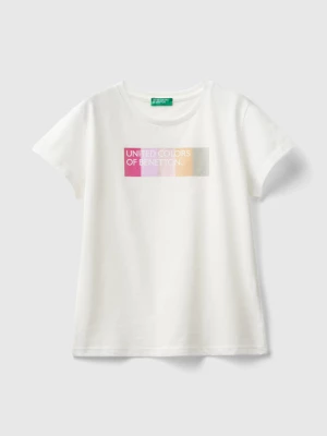 Benetton, T-shirt With Glittery Logo In Organic Cotton, size 2XL, Creamy White, Kids United Colors of Benetton