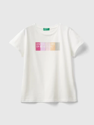 Benetton, T-shirt With Glittery Logo In Organic Cotton, size 2XL, Creamy White, Kids United Colors of Benetton