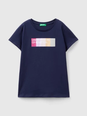 Benetton, T-shirt With Glittery Logo In Organic Cotton, size 2XL, Dark Blue, Kids United Colors of Benetton