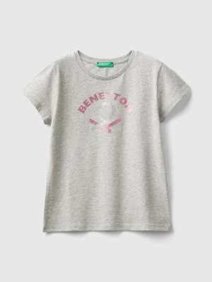 Benetton, T-shirt With Glittery Logo In Organic Cotton, size 2XL, Light Gray, Kids United Colors of Benetton