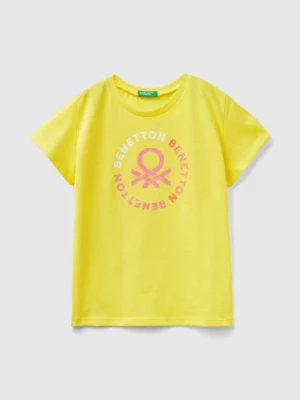 Benetton, T-shirt With Glittery Logo In Organic Cotton, size 2XL, Yellow, Kids United Colors of Benetton