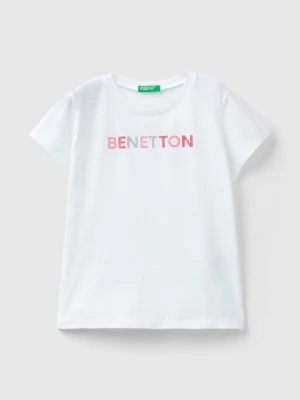 Benetton, T-shirt With Glittery Logo In Organic Cotton, size 3XL, White, Kids United Colors of Benetton