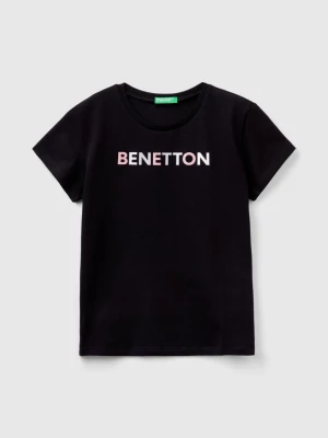 Benetton, T-shirt With Glittery Logo In Organic Cotton, size M, Black, Kids United Colors of Benetton