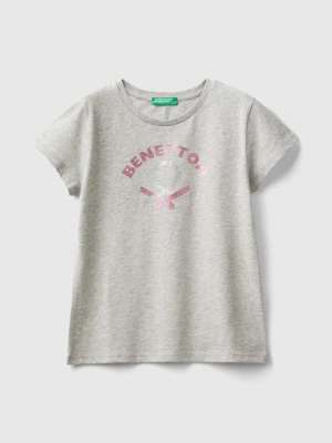 Benetton, T-shirt With Glittery Logo In Organic Cotton, size M, Light Gray, Kids United Colors of Benetton