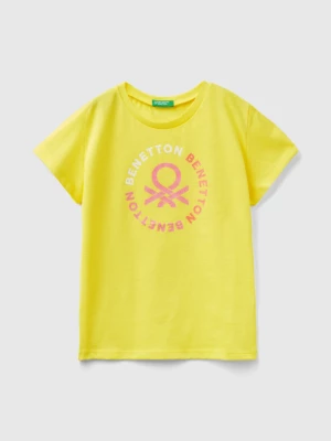 Benetton, T-shirt With Glittery Logo In Organic Cotton, size M, Yellow, Kids United Colors of Benetton