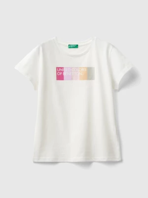 Benetton, T-shirt With Glittery Logo In Organic Cotton, size S, Creamy White, Kids United Colors of Benetton