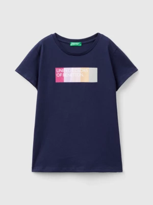 Benetton, T-shirt With Glittery Logo In Organic Cotton, size S, Dark Blue, Kids United Colors of Benetton