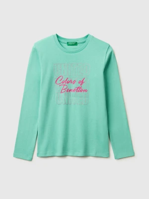 Benetton, T-shirt With Glittery Logo In Organic Cotton, Size: XL, Aqua, Kids United Colors of Benetton