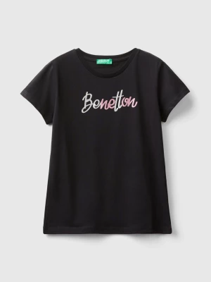 Benetton, T-shirt With Glittery Logo In Organic Cotton, size XL, Black, Kids United Colors of Benetton