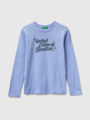 Benetton, T-shirt With Glittery Logo In Organic Cotton, Size: XL, Light Blue, Kids United Colors of Benetton