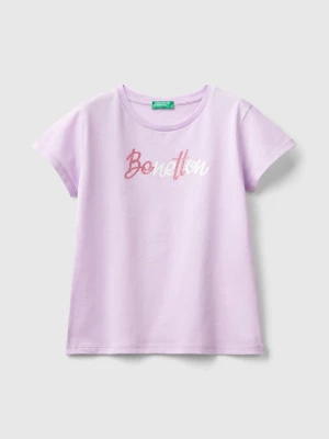 Benetton, T-shirt With Glittery Logo In Organic Cotton, size XL, Lilac, Kids United Colors of Benetton