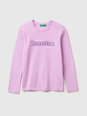 Benetton, T-shirt With Glittery Logo In Organic Cotton, Size: XL, Lilac, Kids United Colors of Benetton